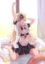 Rule 34 | 1girl, absurdres, arm behind head, arm up, barefoot, bed sheet, bikini, bikini top only, black bikini, black ribbon, black skirt, blonde hair, breasts, cleavage, collarbone, dress shirt, fang, hair flaps, hair ornament, hair ribbon, hairclip, highres, indoors, kantai collection, long hair, medium breasts, messy hair, midriff, miniskirt, navel, one eye closed, open clothes, open mouth, open shirt, pleated skirt, red eyes, ribbon, scarf, shirt, short sleeves, signature, sitting, skirt, solo, stomach, stretching, swimsuit, underboob, unworn scarf, very long hair, white shirt, wuhuo, yuudachi (kancolle), yuudachi kai ni (kancolle)