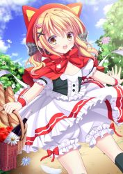 Rule 34 | 1girl, apple, baguette, basket, black socks, blonde hair, bloomers, bottle, bow, bread, bush, center frills, checkered bow, checkered clothes, cloud, dress, flower, food, frilled dress, frills, fruit, hair bow, hair ornament, hairclip, heart, heart hair ornament, highres, holding, holding basket, little red riding hood, low twintails, medium hair, open mouth, outdoors, puffy short sleeves, puffy sleeves, red bow, red hood, shiwasu horio, short sleeves, sky, socks, solo, tablecloth, twintails, underwear, wine bottle, wrist cuffs, yellow eyes