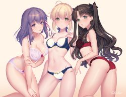 Rule 34 | 3girls, :d, ahoge, alternate costume, artoria pendragon (all), artoria pendragon (fate), ass, bare arms, bare shoulders, black bow, black hair, blue bra, blue panties, blue ribbon, blush, bow, bow bra, bow panties, bra, breasts, cleavage, collarbone, fate/grand order, fate (series), green eyes, hair bow, hair ornament, hair ribbon, hand on own arm, large breasts, leaning forward, long hair, looking at viewer, matou sakura, multiple girls, navel, open mouth, panties, pink background, pink bow, pink ribbon, purple eyes, purple hair, red bra, red panties, ribbon, saber (fate), sakura shiho, short hair, sidelocks, signature, small breasts, smile, stomach, tohsaka rin, two side up, underwear, underwear only, wavy hair, white bra, white panties