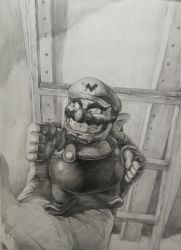 Rule 34 | 1boy, clenched hands, facial hair, gloves, graphite (medium), grin, hat, male focus, mustache, nintendo, nose, overalls, shoes, smile, thick eyebrows, traditional media, wario, wario land, wezzinggarf