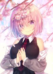Rule 34 | 1girl, bare shoulders, black dress, blush, branch, breasts, bright pupils, cherry blossoms, closed mouth, collared dress, day, dress, eyes visible through hair, fate/grand order, fate (series), grey jacket, head tilt, jacket, kokusan moyashi, large breasts, long sleeves, looking at viewer, mash kyrielight, necktie, off shoulder, open clothes, open jacket, outdoors, petals, red necktie, smile, solo, spring (season), standing, upper body, wing collar
