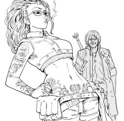 Rule 34 | 1boy, 1girl, absurdres, arm tattoo, bb (baalbuddy), belt, cigarette, closed eyes, coat, commentary, crop top, dante (devil may cry), devil may cry (series), devil may cry 5, english commentary, facial hair, fingernails, freckles, glasses, greyscale, heart, heart tattoo, highres, midriff, monochrome, mouth hold, multiple belts, nail polish, navel, nico (devil may cry), ponytail, pouch, pubic tattoo, short hair, shorts, simple background, smile, smoke, smoking, solo focus, stubble, sword, tattoo, weapon, weapon on back, white background