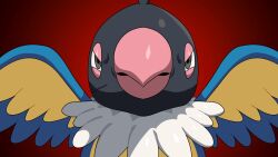 Rule 34 | angry, animal focus, bird, black eyes, chatot, creatures (company), drunkoak, game freak, gen 4 pokemon, gradient background, half-closed eyes, highres, looking at viewer, nintendo, no humans, pokemon, pokemon (creature), red background, scar, scar on face, simple background, solo, straight-on, upper body