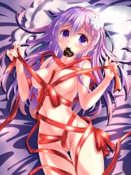 Rule 34 | 1girl, areola slip, bare shoulders, blush, breasts, candy, chocolate, chocolate heart, cleavage, commentary request, covered erect nipples, cowboy shot, d-pad, d-pad hair ornament, food, food in mouth, hair between eyes, hair ornament, heart, highres, holding, holding ribbon, kazuneko (wktk1024), looking at viewer, lying, medium breasts, mouth hold, naked ribbon, nepgear, neptune (series), on back, on bed, purple eyes, purple hair, ribbon, smile, solo