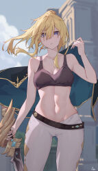 Rule 34 | 1girl, abs, absurdres, bare arms, bare shoulders, black sports bra, blonde hair, blue eyes, breasts, cape, capelet, cleavage, closed mouth, collarbone, cowboy shot, day, expressionless, genshin impact, hair between eyes, highres, holding, holding cape, holding clothes, holding sword, holding weapon, jean (genshin impact), long hair, looking at viewer, medium breasts, navel, outdoors, pants, penichet, ponytail, sidelocks, signature, solo, sports bra, stomach, sword, tight clothes, tight pants, weapon, white pants