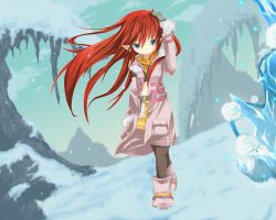 Rule 34 | 1girl, belt, boots, earrings, female focus, full body, gloves, jacket, jewelry, long hair, mimi-moon, navel, open clothes, open jacket, outdoors, pantyhose, pointy ears, red hair, rune factory, rune factory 3, scarf, sky, snow, solo, toona