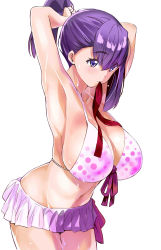 Rule 34 | 1girl, absurdres, armpits, arms behind head, arms up, bikini, breasts, cleavage, commentary request, hair between eyes, high ponytail, highres, huge breasts, in mouth, microskirt, original, polka dot, polka dot bikini, ponytail, purple eyes, purple skirt, red ribbon, ribbon, skirt, sweat, swimsuit, thighs, tsukamori shuuji, tying hair
