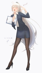 Rule 34 | 1girl, absurdres, alternate costume, black footwear, black jacket, black skirt, blush, brown pantyhose, character name, clipboard, closed eyes, collarbone, collared shirt, commentary, dress shirt, facing viewer, fanning self, full body, grey background, hands up, high heels, high ponytail, highres, honkai (series), honkai impact 3rd, jacket, kiana kaslana, long hair, long sleeves, office lady, open clothes, open jacket, open mouth, pantyhose, pencil skirt, ponytail, shengkai167, shirt, shoes, simple background, skirt, solo, standing, teeth, translation request, upper teeth only, very long hair, white hair, white shirt