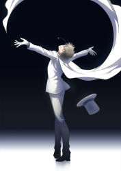 Rule 34 | 1boy, brown hair, cape, closed eyes, closed mouth, from behind, full body, gloves, hat, head tilt, jacket, kaitou kid, long sleeves, magic kaito, male focus, monocle, outstretched arms, pants, remsor076, short hair, solo, white cape, white gloves, white hat, white jacket, white pants