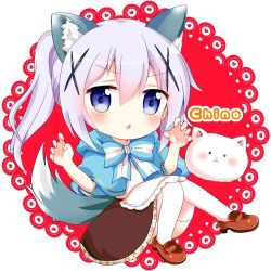 Rule 34 | 1girl, angora rabbit, animal, animal ears, apron, blue capelet, blush, bow, bowtie, brown footwear, brown skirt, capelet, character name, chestnut mouth, claw pose, commentary request, frilled apron, frills, full body, gochuumon wa usagi desu ka?, hair between eyes, high ponytail, kafuu chino, knees together feet apart, looking at viewer, lowres, massala, parted lips, purple eyes, purple hair, rabbit, shirt, shoes, sitting, skirt, striped bow, striped bowtie, striped clothes, striped neckwear, tail, thighhighs, tippy (gochiusa), white apron, white shirt, white thighhighs, wolf ears, wolf girl, wolf tail