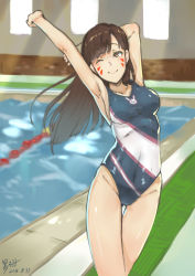 Rule 34 | 1girl, 2016, ;), absurdres, arm behind head, arm up, armpits, breasts, brown eyes, brown hair, collarbone, competition swimsuit, cowboy shot, d.va (overwatch), dated, facepaint, facial mark, heiyu, highres, indoors, lane line, long hair, medium breasts, one-piece swimsuit, one eye closed, overwatch, overwatch 1, pool, sideboob, signature, smile, solo, stretching, swept bangs, swimsuit, whisker markings