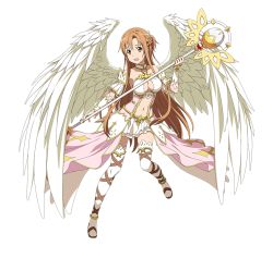 Rule 34 | 1girl, :d, angel wings, asuna (sao), breasts, brown eyes, brown hair, cleavage, detached sleeves, feathered wings, full body, holding, holding staff, layered skirt, long hair, looking at viewer, medium breasts, midriff, miniskirt, navel, open mouth, skirt, smile, solo, staff, standing, stomach, sword art online, thighhighs, transparent background, very long hair, white skirt, white thighhighs, white wings, wings