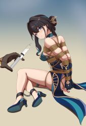 Rule 34 | 1girl, 1other, absurdres, anal, anal object insertion, aqua dress, arms behind back, bare legs, bare shoulders, bdsm, bead necklace, beads, black gloves, black hair, blue background, blue eyes, blue footwear, blue gloves, bondage, bound, bound arms, breasts, commentary request, cuffs, dress, gloves, gradient background, grey background, hair bun, high heels, highres, holding, holding syringe, honkai: star rail, honkai (series), jewelry, long hair, looking at viewer, medium breasts, necklace, object insertion, rope, ruan mei (honkai: star rail), shackles, sitting, strapless, strapless dress, syringe, thighs, trailblazer (honkai: star rail), wanliu
