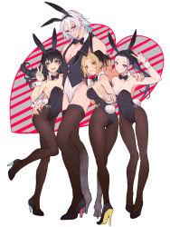 Rule 34 | 1boy, 3girls, animal ears, arm up, bare shoulders, black bow, black bowtie, black hair, black legwear, black leotard, black vest, blonde hair, blue eyes, blue nails, bow, bowtie, breasts, cleavage, contemporary, detached collar, facial mark, fake animal ears, fake tail, fishnet pantyhose, fishnets, full body, green nails, groin, hair over one eye, hair pulled back, hairband, hand on another&#039;s ass, hand up, heart, height difference, high heels, highres, hinatsuru (kimetsu no yaiba), husband and wives, iwatoko (iwatokko), kimetsu no yaiba, leaning on person, leotard, long hair, looking at viewer, looking back, makio (kimetsu no yaiba), matching outfits, medium hair, mole, mole under eye, multicolored hair, multicolored nails, multiple girls, nail polish, pantyhose, pimp, pink nails, playboy bunny, polygamy, ponytail, purple eyes, purple nails, rabbit ears, rabbit tail, red eyes, shoe soles, side-tie leotard, smile, standing, standing on one leg, stiletto heels, strapless, strapless leotard, suma (kimetsu no yaiba), tail, thighhighs, two-tone hair, uzui tengen, v, vest, white background, white hair, wrist cuffs, yellow eyes, yellow nails