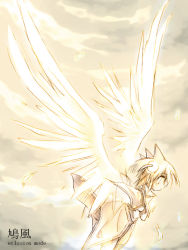 Rule 34 | 1girl, angel, angel wings, blonde hair, blush, brown eyes, closed mouth, dress, feathers, from side, hatopuu, long sleeves, profile, short hair, solo, suka, ukagaka, upper body, white dress, wings
