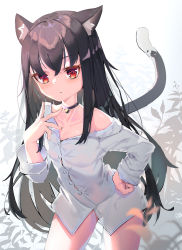 Rule 34 | 1girl, absurdres, animal ear fluff, animal ears, bell, black choker, black hair, bottomless, cat ears, cat girl, cat tail, choker, collarbone, cowboy shot, gluteal fold, hair over shoulder, hand on own hip, hand up, highres, leaning forward, long hair, long sleeves, naked shirt, neck bell, original, qiuyueruona, red eyes, see-through, shirt, simple background, solo, spread fingers, standing, tail, tail raised, very long hair, white shirt, xingye (xing)