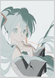 Rule 34 | 1girl, bare shoulders, black sleeves, blue eyes, blue hair, blue necktie, border, closed mouth, detached sleeves, eyelashes, grey border, hair ornament, hatsune miku, highres, long hair, long sleeves, looking at viewer, necktie, neonneon321, shirt, simple background, sleeveless, sleeveless shirt, smile, solo, string, string around finger, string of fate, twintails, upper body, very long hair, vocaloid, white background, white shirt, wide sleeves