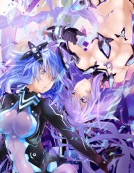 Rule 34 | :o, blue eyes, bodysuit, braid, breasts, cleavage, dual persona, elbow gloves, gloves, grin, headgear, highres, large breasts, long hair, looking at another, navel, nepnep connect: chaos chanpuru, neptune (neptunia), neptune (series), next form, next purple, power symbol, power symbol-shaped pupils, purple hair, purple heart (neptunia), purple heart (chaos form), shin jigen game neptune vii, shishin (shishintei), smile, symbol-shaped pupils, twin braids, twintails, very long hair