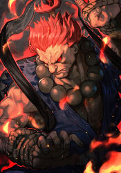 Rule 34 | 1boy, akuma (street fighter), angry, beads, bracelet, capcom, fighting stance, fire, hungry clicker, jewelry, male focus, muscular, muscular male, parted lips, ponytail, prayer beads, red eyes, red hair, rope, shadow, solo, street fighter, upper body