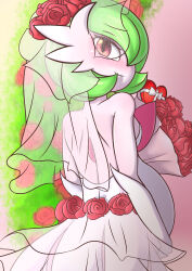 Rule 34 | 1girl, absurdres, back, backless dress, backless outfit, bare shoulders, blush, bob cut, bouquet, box, breasts, bridal veil, closed mouth, colored skin, creatures (company), darlon demonic, dress, elbow gloves, female focus, flower, from behind, game freak, gardevoir, gen 3 pokemon, gloves, green hair, hair over one eye, happy, heart-shaped box, highres, holding, holding bouquet, mega gardevoir, mega pokemon, nintendo, nose blush, one eye covered, pokemon, pokemon (creature), pregnant, red flower, red rose, rose, see-through, short hair, small breasts, smile, solo, standing, strapless, strapless dress, upper body, veil, wedding dress, white dress, white gloves, white skin