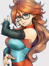Rule 34 | 1girl, android 21, black-framed eyewear, black nails, blue eyes, breasts, checkered clothes, checkered dress, detached sleeves, dragon ball, dragon ball fighterz, dress, earrings, glasses, grey background, hoop earrings, jewelry, kemachiku, large breasts, long hair, looking at viewer, nail polish, red hair, simple background, solo