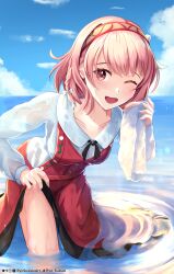 Rule 34 | 1girl, absurdres, blue sky, braid, dress, fire emblem, fire emblem engage, hairband, highres, lapis (fire emblem), long sleeves, looking at viewer, nintendo, one eye closed, open mouth, partially submerged, pink eyes, pink hair, ryo-suzuki, shirt, short hair, sky, smile, solo, twitter logo, water, wet, wet clothes, wet shirt, white shirt