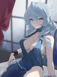 Rule 34 | 1girl, absurdres, ako (blue archive), ako (dress) (blue archive), bare shoulders, blue archive, blue dress, blue eyes, blue hair, blurry, blurry background, breasts, cleavage, closed mouth, commentary request, dated, dress, halo, highres, indoors, large breasts, looking at viewer, medium hair, official alternate costume, sideboob, sitting, solo, upper body, v-shaped eyebrows, xiqinhaohaochi