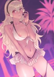 Rule 34 | 1girl, areola slip, bare shoulders, bikini, bikini around one leg, bikini skirt, black hairband, blonde hair, blush, bracelet, breasts, cleavage, closed mouth, collarbone, corrin (female) (fire emblem), corrin (female) (summer) (fire emblem), corrin (fire emblem), covered erect nipples, covering privates, covering crotch, cowboy shot, fire emblem, fire emblem fates, fire emblem heroes, frilled bikini, frills, front-tie bikini top, front-tie top, hairband, hand up, highres, jewelry, jtaka, large breasts, long hair, looking at viewer, navel, nintendo, official alternate costume, outdoors, palm tree, pink background, pointy ears, pussy juice, red eyes, ribbon, skindentation, smile, solo, swimsuit, tree, very long hair, white bikini, white ribbon