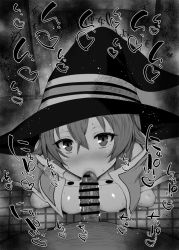 Rule 34 | 1boy, 1girl, :&gt;=, bar censor, blush, breasts, censored, fellatio, greyscale, hat, hetero, kurotama, long hair, looking at viewer, monochrome, mushoku tensei, oral, penis, pov, roxy migurdia, squatting, tile floor, tiles, tongue, tongue out, witch hat