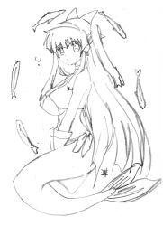 1girl alternate_hairstyle bikini bikini_top_only breasts brown_lips expressionless fingerless_gloves fish from_side gloves hair_ribbon highres japanese_text large_breasts long_hair looking_at_viewer mermaid monochrome monster_girl nakoruru ribbon samurai_spirits sideboob sketch snk solo swimsuit the_king_of_fighters traditional_media translation_request twintails underwater very_long_hair water