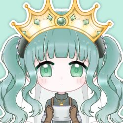 Rule 34 | 1girl, aqua background, aqua eyes, aqua gemstone, aqua hair, armor, blush, brown gloves, chibi, clenched hands, crown, frown, futaba sana, gloves, green sweater, hands up, jewelry, looking at viewer, magia record: mahou shoujo madoka magica gaiden, magical girl, mahou shoujo madoka magica, necklace, outline, portrait, ribbed sweater, simple background, solo, split mouth, straight-on, sweater, turtleneck, turtleneck sweater, twintails, veil, wavy hair, white outline, yandoubaoyikuaiqiansigeheihei