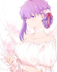 1girl bare_shoulders braid braided_hair_rings breasts choker dress fate/stay_night fate_(series) flower hair_flower hair_ornament hair_ribbon hair_rings highres kamo_0707 large_breasts matou_sakura off-shoulder_dress off_shoulder profile puffy_short_sleeves puffy_sleeves purple_eyes ribbon short_sleeves single_sidelock solo upper_body white_choker white_dress white_ribbon