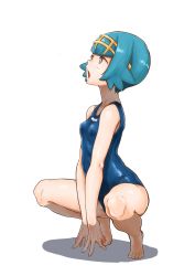 Rule 34 | 1girl, absurdres, arm support, bare arms, bare legs, bare shoulders, barefoot, blue eyes, blue hair, breasts, bright pupils, child, creatures (company), feet, freckles, full body, game freak, hairband, highres, kurosu gatari, lana (pokemon), legs apart, looking up, nintendo, one-piece swimsuit, open mouth, pokemon, pokemon sm, school swimsuit, shadow, short hair, simple background, small breasts, solo, squatting, swimsuit, tiptoes, trial captain, white background, white pupils