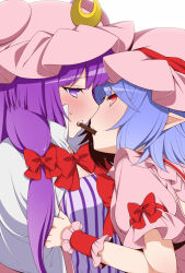 Rule 34 | 2girls, blue hair, blush, bow, eichi yuu, eye contact, female focus, food, hair bow, hat, long hair, looking at another, multiple girls, patchouli knowledge, pocky, pocky kiss, pointy ears, purple eyes, purple hair, red eyes, remilia scarlet, shared food, short hair, touhou, yuri