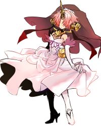 Rule 34 | 1girl, cleavage, dress, elbow gloves, fate/apocrypha, fate (series), frankenstein&#039;s monster (fate), gloves, hair over eyes, horns, pink hair, see-through, see-through cleavage, single horn, skirt hold, solo, touwa, veil, white dress