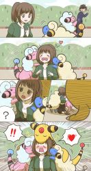 Rule 34 | !, !!, 1boy, 1girl, ampharos, blush, breasts, brown hair, cleavage, closed eyes, collarbone, comic, creatures (company), day, emphasis lines, facing viewer, flaaffy, game freak, gen 2 pokemon, group hug, heart, highres, hug, looking at another, mareep, medium breasts, nintendo, open mouth, outdoors, pika gororo, pokemon, pokemon (creature), pokemon ability, short hair, short ponytail, smile, speech bubble, spoken exclamation mark, spoken heart