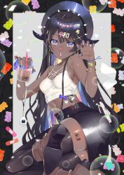 Rule 34 | 1girl, absurdres, ass, bandaid, barcode, bare shoulders, black hair, black thighhighs, blue eyes, blush, bracelet, breasts, bubble, bubble tea, claw pose, cleavage, dark-skinned female, dark skin, earrings, gummy bear, hair ornament, hat, highres, horns, jewelry, long hair, looking at viewer, midriff, nail polish, open mouth, original, purple eyes, purple nails, sinomi, skirt, solo, tamagotchi, teeth, thighhighs, very long hair