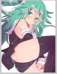 Rule 34 | 1girl, ass, bad id, bad twitter id, between legs, black dress, black panties, black thighhighs, blue eyes, blush, caburi, commentary request, detached sleeves, dress, from side, green hair, hair ornament, hairclip, hand between legs, highres, kantai collection, knees up, long hair, looking at viewer, lying, on side, panties, ponytail, short dress, solo, thighhighs, underwear, very long hair, yamakaze (kancolle)