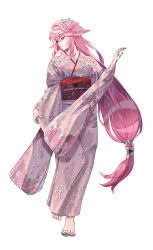 Rule 34 | 1girl, absurdres, alternate costume, barefoot, breasts, cherry blossom print, commentary request, droopy ears, floral print, flower, fox girl, full body, genshin impact, hair between eyes, hair flower, hair intakes, hair ornament, hand up, highres, holding kimono, japanese clothes, kimono, long hair, looking down, medium breasts, nail polish, pink flower, pink hair, pink kimono, pink nails, red sash, reki (user rcrd4534), sash, simple background, solo, very long hair, white background, white flower, wide sleeves, yae miko