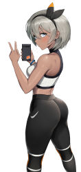 Rule 34 | 1girl, absurdres, ass, bare shoulders, bea (pokemon), blush, bracelet, breasts, cellphone, creatures (company), dark-skinned female, dark skin, game freak, greem bang, grey hair, gym leader, hair between eyes, hairband, highres, holding, holding phone, jewelry, leggings, logo, looking at viewer, midriff, nike (company), nintendo, pants, phone, pokemon, pokemon swsh, selfie, short hair, simple background, smartphone, solo, sports bra, sportswear, sweatdrop, tight clothes, tight pants, v, v-shaped eyebrows, white background, yoga pants