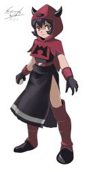 Rule 34 | 1girl, belt, belt buckle, black dress, black gloves, black hair, boots, buckle, capelet, closed mouth, commentary request, courtney (pokemon), creatures (company), dress, fake horns, full body, game freak, gloves, highres, hood, hood up, hooded capelet, horns, looking at viewer, nintendo, pokemon, pokemon rse, red belt, red capelet, red eyes, shiijisu, short hair, short sleeves, side slit, signature, simple background, solo, standing, team magma, team magma uniform, white background