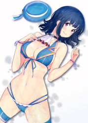 Rule 34 | 1girl, adapted costume, amami amayu, ascot, bare shoulders, barefoot, beret, bikini, bikini day, black hair, blue bikini, blue hat, blush, breasts, cleavage, closed mouth, collarbone, commentary request, front-tie bikini top, front-tie top, groin, halterneck, hand on own chest, hat, highleg, highleg bikini, kantai collection, large breasts, looking at viewer, lying, medium hair, multi-strapped bikini, navel, on back, red eyes, skindentation, smile, solo, swimsuit, takao (kancolle), thigh strap, thighs, unworn hat, unworn headwear, wet, wet clothes, wristband