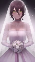 Rule 34 | 1girl, absurdres, alternate costume, bare shoulders, black background, black hair, blush, bouquet, breasts, bridal veil, chainsaw man, closed mouth, collarbone, commentary, dress, elbow gloves, english commentary, flower, gloves, gradient background, green eyes, grenade pin, hair between eyes, hair bun, highres, holding, holding bouquet, lips, looking at viewer, medium breasts, mole, off-shoulder dress, off shoulder, purple ribbon, reze (chainsaw man), ribbon, rose, short hair, silver choker, simple background, single hair bun, smile, solo, tare negima, upper body, veil, wedding dress, white dress, white flower, white gloves, white rose