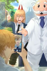 Rule 34 | 1girl, 2boys, bald, black necktie, blonde hair, blue jacket, blue necktie, chainsaw man, collared shirt, denji (chainsaw man), doctor simi, dr. simi, facial hair, formal, hair between eyes, highres, jacket, long hair, looking at another, meme, multiple boys, mustache, necktie, open mouth, pants, pants rolled up, power (chainsaw man), rappa, selfie, selfie prank (meme), sharp teeth, shirt, short hair, smile, suit, taking picture, teeth, v, white hair, white jacket, white pants, white shirt, yellow eyes