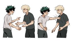 Rule 34 | 2boys, bakugou katsuki, blonde hair, blush, boku no hero academia, clenched hand, commentary, cropped legs, crying, crying with eyes open, daniartonline, english commentary, freckles, green hair, highres, looking at another, male focus, midoriya izuku, multiple boys, open mouth, pants, pointing, pointing at another, punching, scar, scar on hand, shirt, short hair, short sleeves, simple background, spiked hair, standing, t-shirt, tears, white background