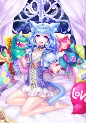 Rule 34 | 1girl, animal ears, barefoot, bed, bell, neck bell, blue hair, box (hotpppink), cat ears, cat tail, choker, dress, hand puppet, happy, legs, long hair, original, pillow, puppet, purple eyes, solo, tail