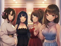 Rule 34 | 4girls, black dress, black hair, blue dress, braid, breasts, brown eyes, brown hair, cleavage, closed mouth, crown braid, dress, grin, hair between eyes, heart, heart necklace, indoors, japanese clothes, jewelry, kimono, long hair, medium breasts, multiple girls, necklace, non-web source, obi, original, own hands together, pendant, pokachu, ponytail, red dress, red eyes, sash, sidelocks, smile, strapless, strapless dress