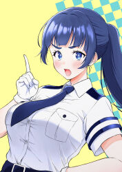 1girl :o absurdres belt black_hair blue_eyes breasts choujun!_choujou_senpai gloves hand_on_own_hip highres index_finger_raised ippongi_nao large_breasts looking_at_viewer necktie pocket police police_uniform policewoman ponytail simple_background uchiba_yuzuki white_gloves yellow_background