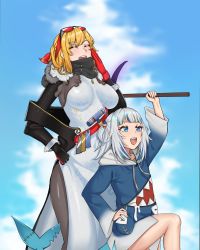 Rule 34 | 2girls, asymmetrical gloves, black gloves, black legwear, blonde hair, blue eyes, blue hair, blue hoodie, blue sky, blurry, blurry background, breasts, closed eyes, cloud, cowboy shot, day, dress, fins, fish tail, gawr gura, gloves, highres, hololive, hololive english, hololive indonesia, hood, hoodie, kaela kovalskia, large breasts, long sleeves, makeup, mascara, mismatched gloves, multicolored hair, multiple girls, open mouth, pantyhose, pickaxe, ranox, red gloves, shark tail, sharp teeth, short hair, short twintails, silver hair, sky, smile, standing, sunglasses on head, tail, teeth, twintails, two-tone hair, virtual youtuber, white dress