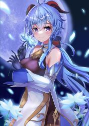 Rule 34 | ahoge, bare shoulders, bell, black gloves, blue flower, blue hair, blush, bow, bowtie, breasts, detached sleeves, flower, full moon, ganyu (genshin impact), genshin impact, glaze lily, gloves, gold trim, highres, holding, holding flower, horns, limeakatuki, long hair, looking at viewer, low ponytail, medium breasts, moon, neck bell, night, petals, purple eyes, sidelocks, smile, solo, upper body, very long hair, white sleeves